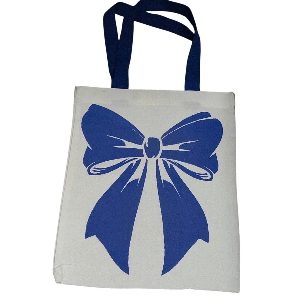 Puff Blue Ribbon Bow Canvas Tote Bag White Small Excellent Coquette Aesthetic